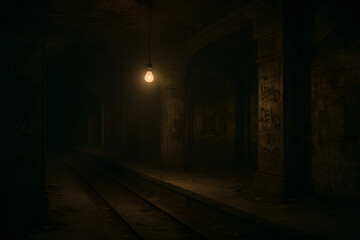 Fototapeta premium Flickering Light Bulb in Abandoned Subway Station