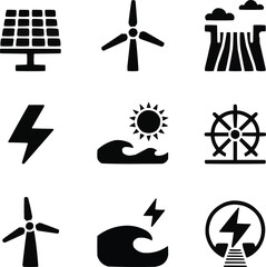 Renewable Energy Solid Icon Set  Solar, Wind, and Hydro Power