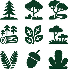 Forest Ecosystem Solid Icon Set Trees, Moss, and Woodland Flora