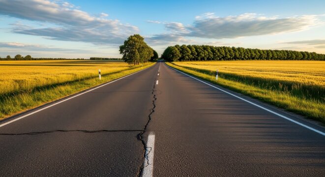 Scenic journey on asphalt road passing through golden wheat fields