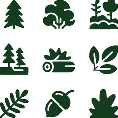 Forest Ecosystem Solid Icon Set Trees, Moss, and Woodland Flora