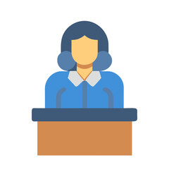 Flat icon of a woman standing behind a podium