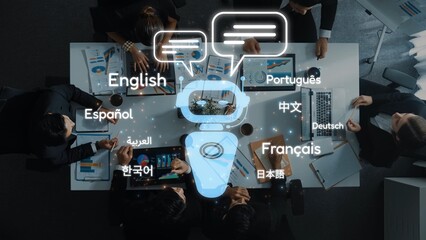 A diverse team engages in a collaborative meeting surrounded by language icons, highlighting global communication and teamwork in a modern office setting. Raster