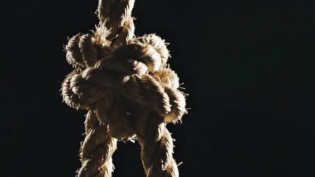 Detailed Knot in Thick Tan Rope Against a Dark Background in Studio Lighting for Texture and Conceptual Use