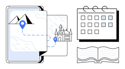 Tablet with map and pinpoints, a castle, calendar, and an open book symbolizing travel planning, itinerary creation, destination research, scheduling, tourism education and exploration. Ideal