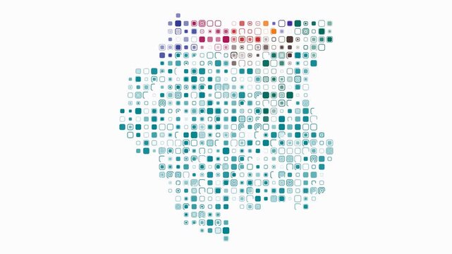 Suriname animation. Shape of the country with pulsating colored dots. Large size rounded square blocks. Digital style map on white background. Modern video.