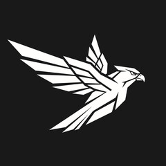 A modern, geometric emblem of a white falcon in flight against a solid black background.