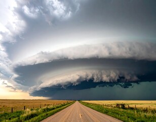 A road stretches toward a massive shelf cloud over a golden, grassy landscape
