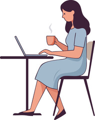 Businesswoman sitting at a table working on a laptop while holding a cup of coffee.