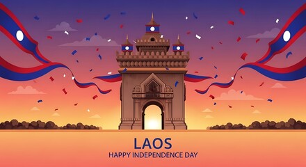 Laos Independence Day Celebration with Patuxai Monument and National Flag