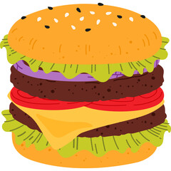 A Double Decker Hamburger with Sesame Seed Bun Lettuce Tomato Onion Cheese and Meat Patties Isolated on a Transparent Background
