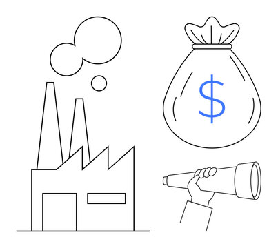 Factory with chimneys, money bag symbolizing profit, and hand holding a telescope for vision. Ideal for industry, finance, investment, corporate growth, planning innovation economy. Simple flat