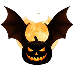 Fototapeta premium Spooky halloween pumpkin with bat wings against a full moon in the dark night on white background