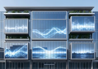 Modern Urban Building Facade with Dynamic Digital Waveform Visualizations on Glass Panels