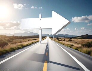 A road stretches toward the horizon with a large arrow-shaped sign pointing right