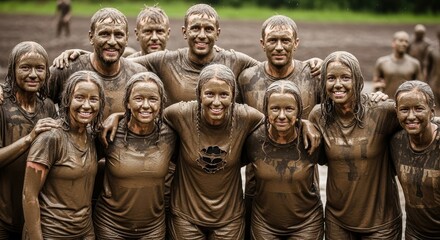 Triumphant smiles of participants, smeared with mud, symbolizing victory in arduous challenge
