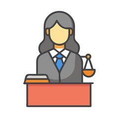 Female judge illustration with scales of justice icon graphic