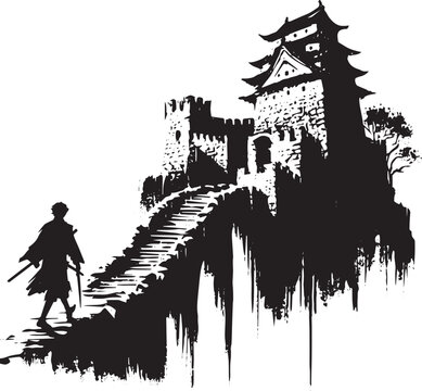 Solitary warrior traversing ancient castle ruins in evocative in