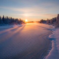 Naklejka premium Sunrise over a Frozen River in a Winter Wonderland.