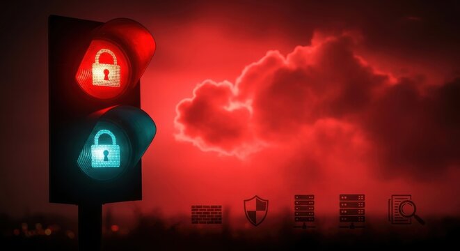 Cybersecurity traffic light symbolizing online threats and data protection
