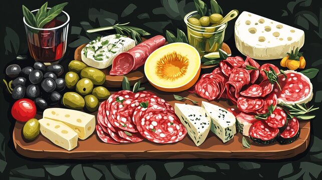 Italian antipasti platter with cheese, olives, prosciutto, and wine snacks