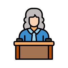 Female judge at podium delivering a legal statement flat icon