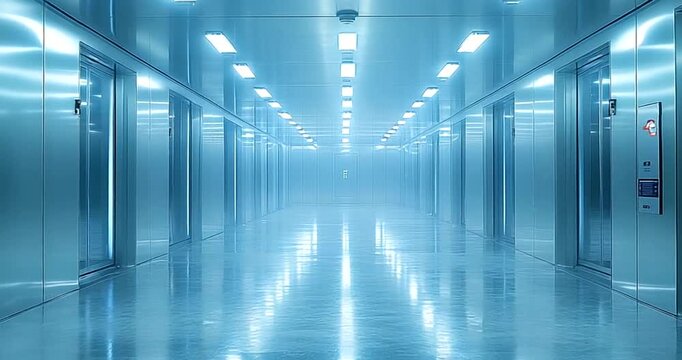 Modern hallway with elevators and ambient lighting