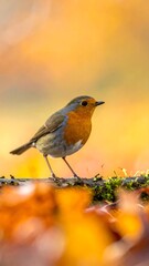A robin perched on a mossy twig with vibrant autumn foliage in the background
