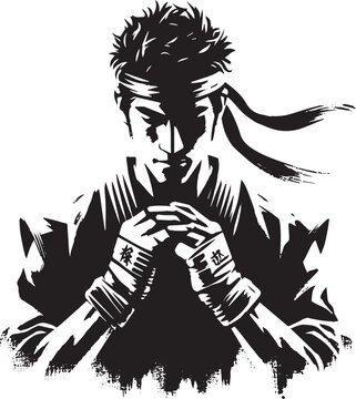 Monochrome illustration of a poised fighter in contemplation,sum