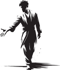 Fototapeta premium Monochrome sumi-e artwork depicting a man extending an offering