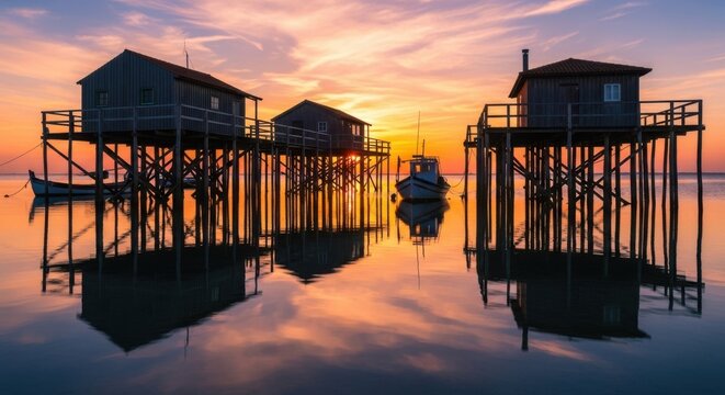 Picturesque stilt houses reflect on tranquil water at enchanting sunset