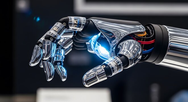Futuristic robotic hand glowing with blue light - Powered by Adobe