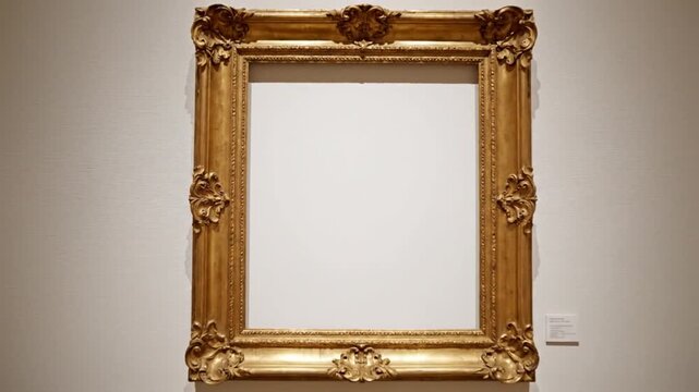 Empty Ornate Golden Frame Hanging on a Museum Wall, Ready for Artwork Display.