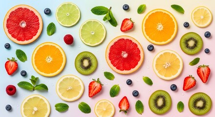 Vibrant and Refreshing Assortment of Fresh Citrus Fruits, Berries, and Tropical Slices on a Colorful Background