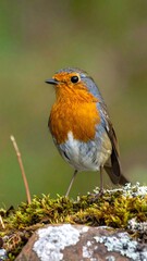 A robin perches on mossy rock, chest glowing, against soft green backdrop