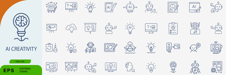 AI creativity icon set. Editable vector illustration of artificial intelligence, innovation, and brain-powered technology symbols. EPS concept pack