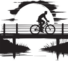 Naklejka premium Serene sunrise cycle: Minimalist bridge crossing in black and wh