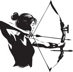 Focused female archer aiming with bow in minimalist sumi-e style