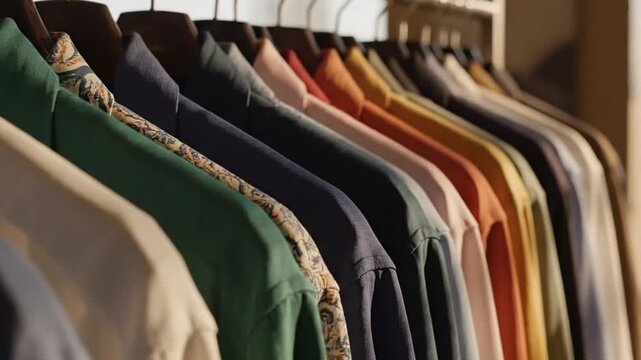 Rack of Colorful Polo Shirts on Wooden Hangers in Natural Light Featuring Green Blue Orange and Cream Colored Fabric Displayed in a Store Setting