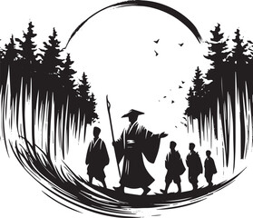 A contemplative journey: Sumi-e illustration of a leader guiding