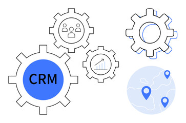 CRM concept with gears featuring user profiles, analytics chart, and world map with location pins. Ideal for business management, customer support, analytics, strategy, technology, team