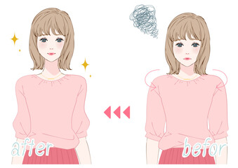 姿勢改善ビフォーアフター若い女性上半身ピンク