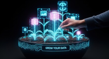 Hand nurturing digital data plants with glowing circuit board planter binary code rain, for data growth technology innovation