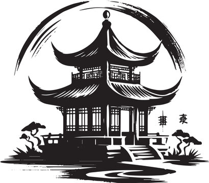 Serene Chinese Pavilion Silhouette in Sumi-e Style Artistic Impr