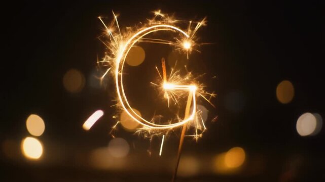 Glowing sparkler light forming the letter "G" in the dark night background