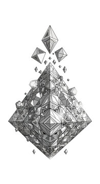 Intricada ilustraci&oacute;n geom&eacute;trica abstracta de una pir&aacute;mide fractal con formas flotantes y detalles complejos.