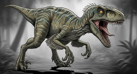 Illustration of a feathered dinosaur in a primal jungle environment