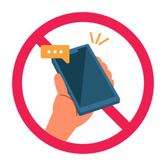 No phone notification sign, forbidden sign with phone notification icon, turn off phone notification, red crossed circle symbol, flat vector illustration