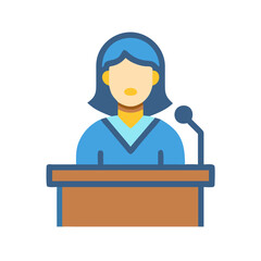 Woman speaker at podium with microphone on black background