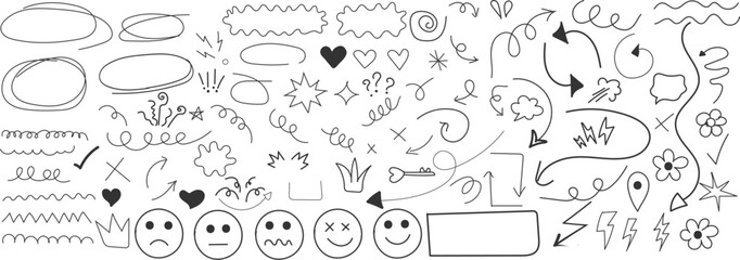 Doodle vector icon set with hand-drawn arrows, symbols, faces, and decorative elements. Perfect for streetwear, stickers, and t-shirt design.
